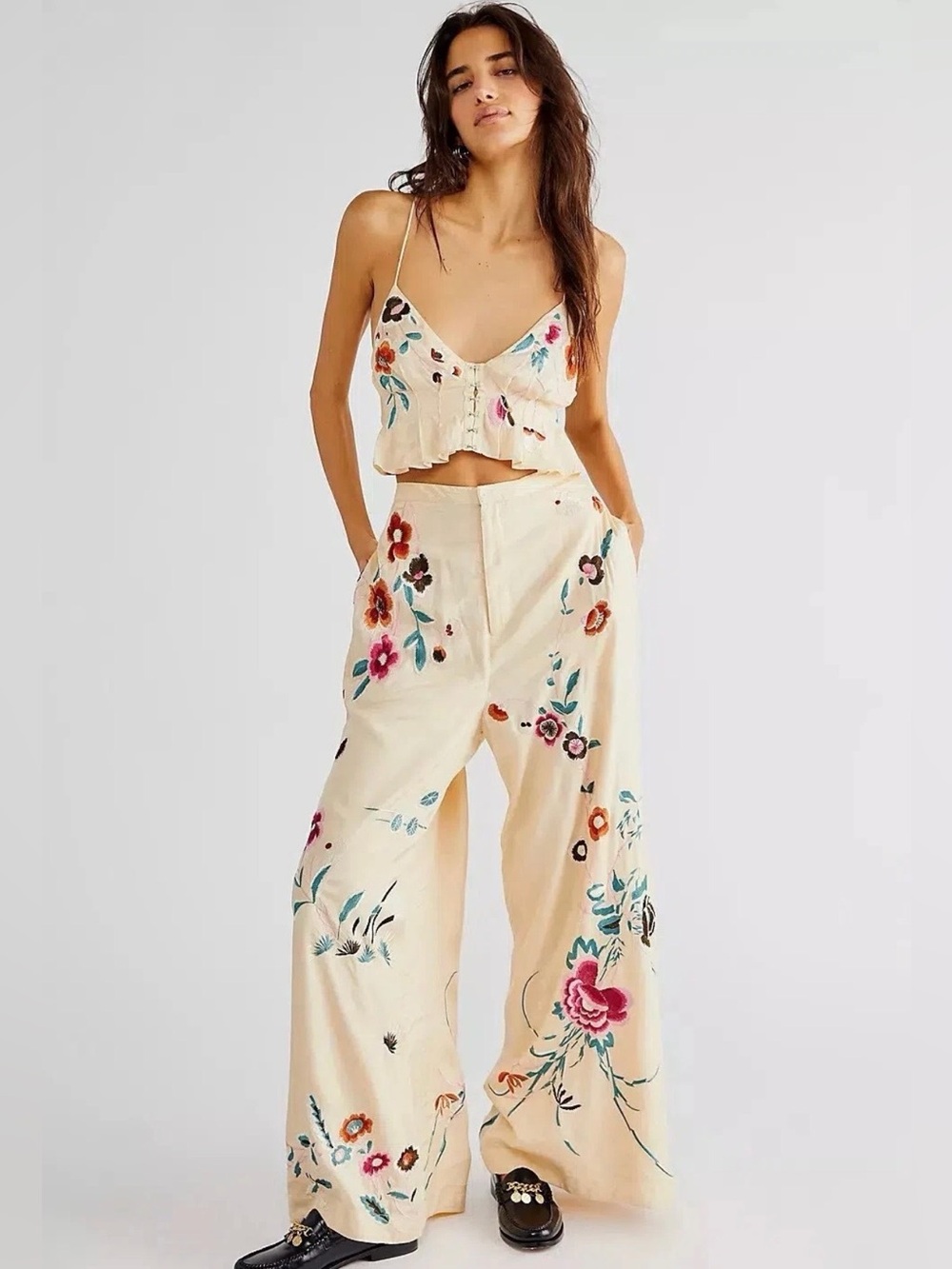 Free People Mimi Embroidered Two Piece Crop Top & Wide Leg Pant Set Cream size 4